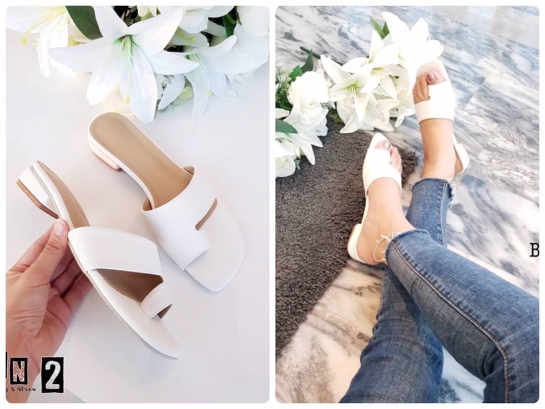 รองเท้าสำลองแบบสวมหนังPu หน้าแต่งแบบเก๋ๆ รัดนิ้วโป้งคาดหนัง พร้อมส่ง 2 สีคะ