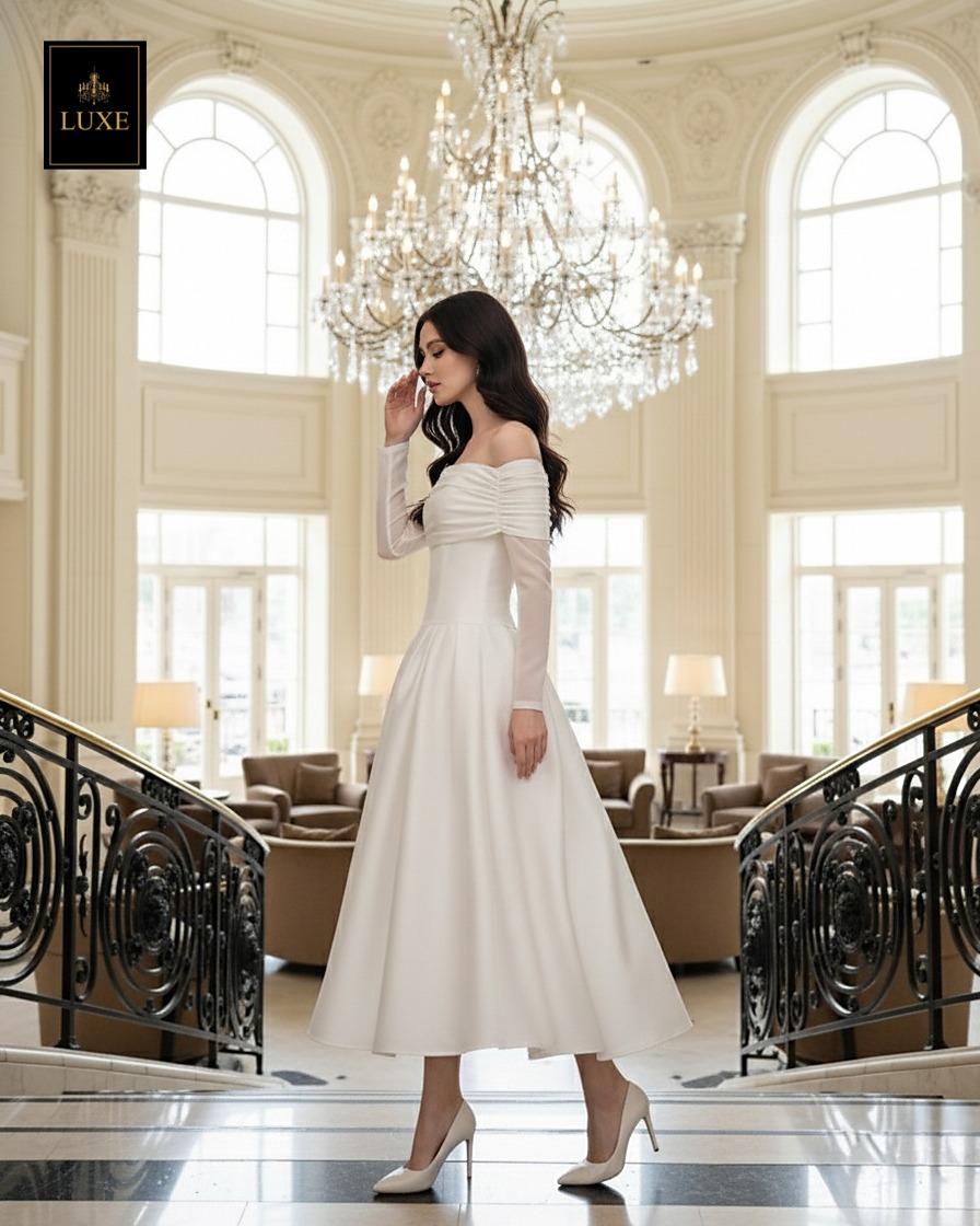 เดรสแฟชั่น เดรสเสื้อแขนยาวเปิดไหล่ กระโปรงยาวคลุมเข่า แขนเสื้อซีทรู