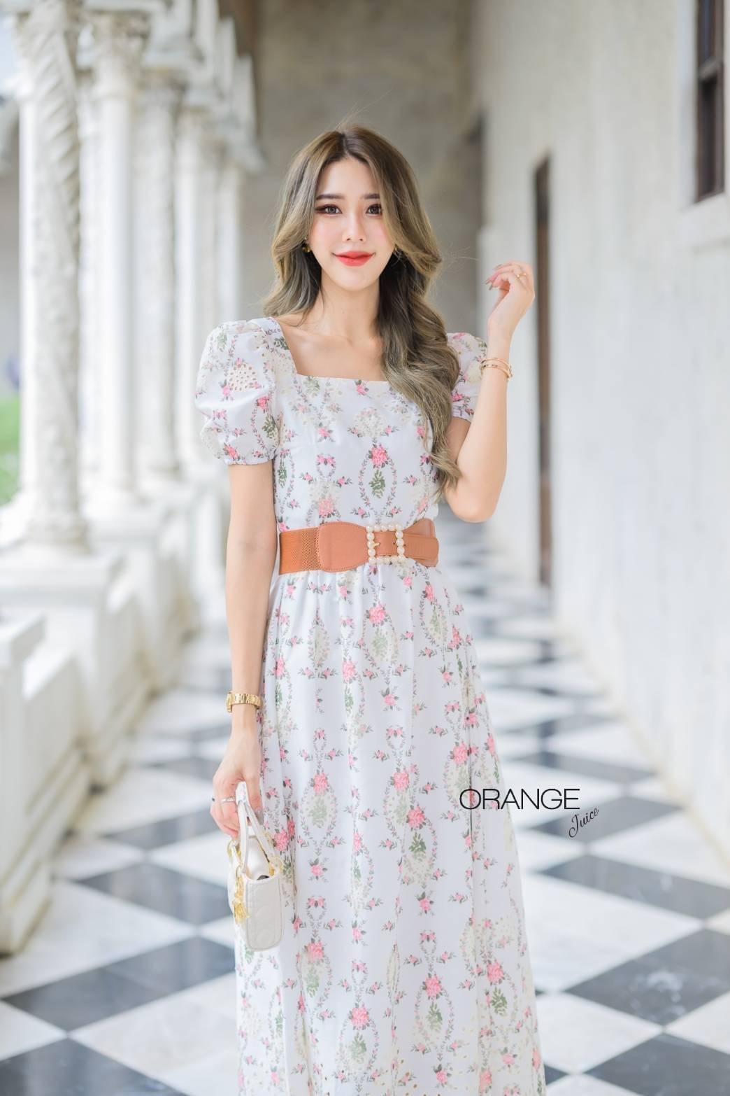 NEW ARRIVALS By Orange Juice Maxi เดรสยาวผ้าฉลุ พิมลาย พร้อมเข็มขัด