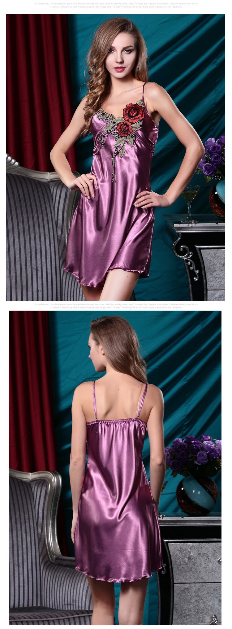 ชุดนอน ผ้าไหม สีม่วง แต่งลูกไม้ปักช่วงขอบคอเสื้อ สไตล์หรูหรา คลาสสิค เนื้อผ้าเกรด AAA งานเกรดพรีเมี่ยมเลยคะ