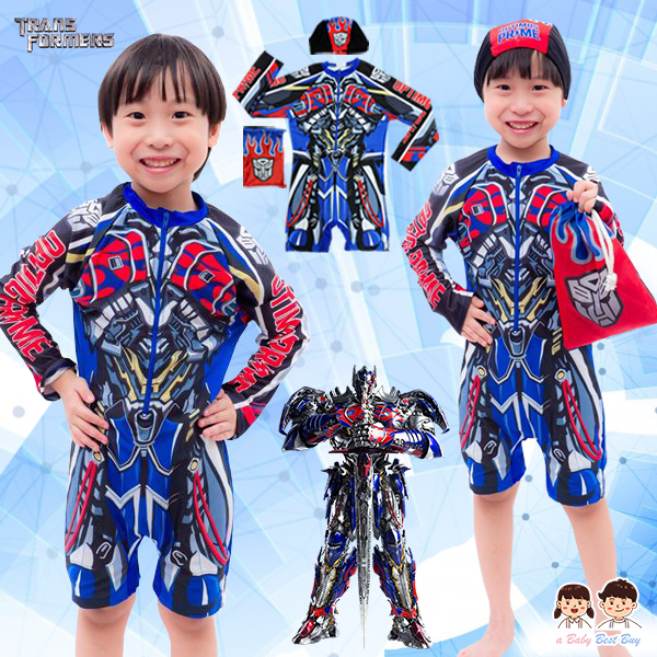 ฮ '' ( For Kids สำหรับเด็กอายุ 6-14 ปี ) Swimsuit for Boys ชุดว่ายน้ำเด็กชาย Transformer Optimus Prime บอดี้สูทแขนยาว กางเกงขาสั้น มาพร้อมหมวกว่ายน้ำและถุงผ้า สุดเท่ห์ ใส่สบาย ลิขสิทธิ์แท้