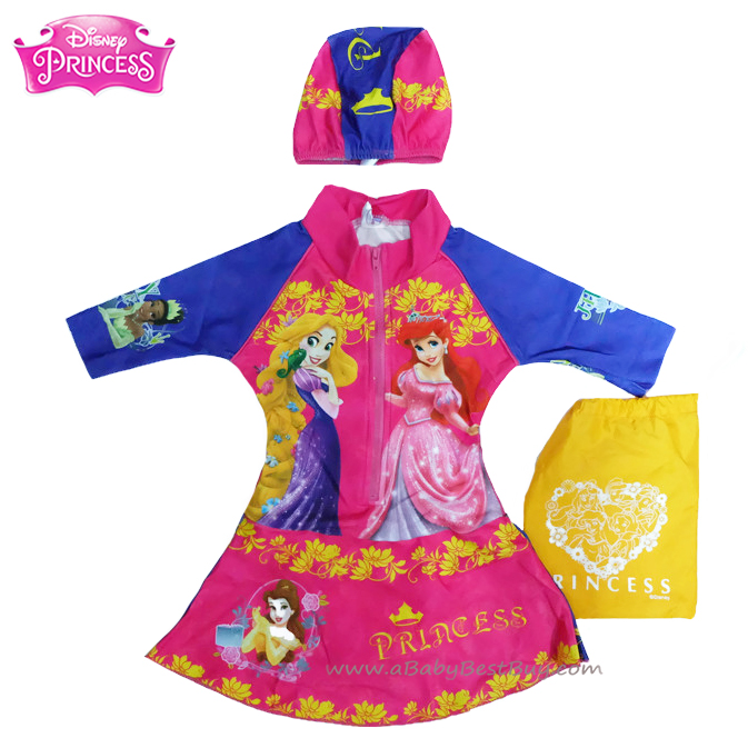 ฮ Size XS - ชุดว่ายน้ำ เด็กผู้หญิง Disney Princess บอดี้สูท สีชมพู เสื้อแขนยาว กระโปรงกางเกง สกรีนลาย เจ้าหญิงปริ้นซส มาพร้อมหมวกว่ายน้ำและถุงผ้า สุดน่ารัก ใส่สบาย ดิสนีย์แท้ ลิขสิทธิ์แท้ (สำหรับเด็กอายุ 6เดือน-2 ปี)
