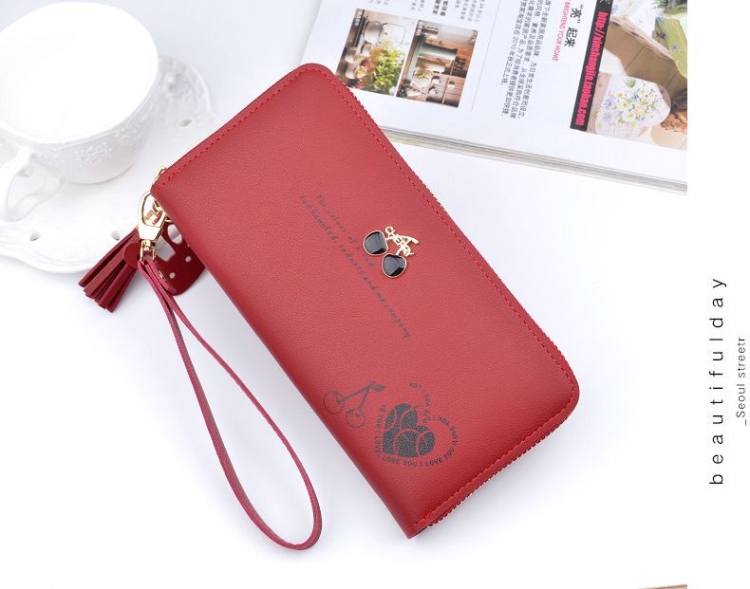 Purse Bags Wallet For Women Ladies Bag Long Pocket Leather กระเป๋าสตางค์ใบยาวแบบซิปรอบ CHERRY มีสายคล้องมือ