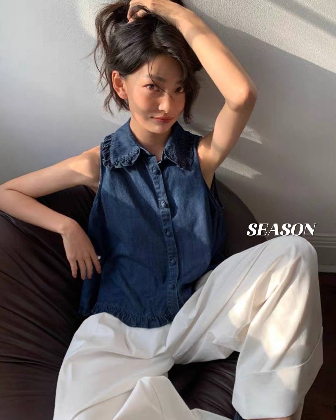 เสื้อแฟชั่น เสื้อแขนกุด ผ้ายีนส์ แพทเทิร์นน่ารักมาก แต่งกระดุมปั๊ม