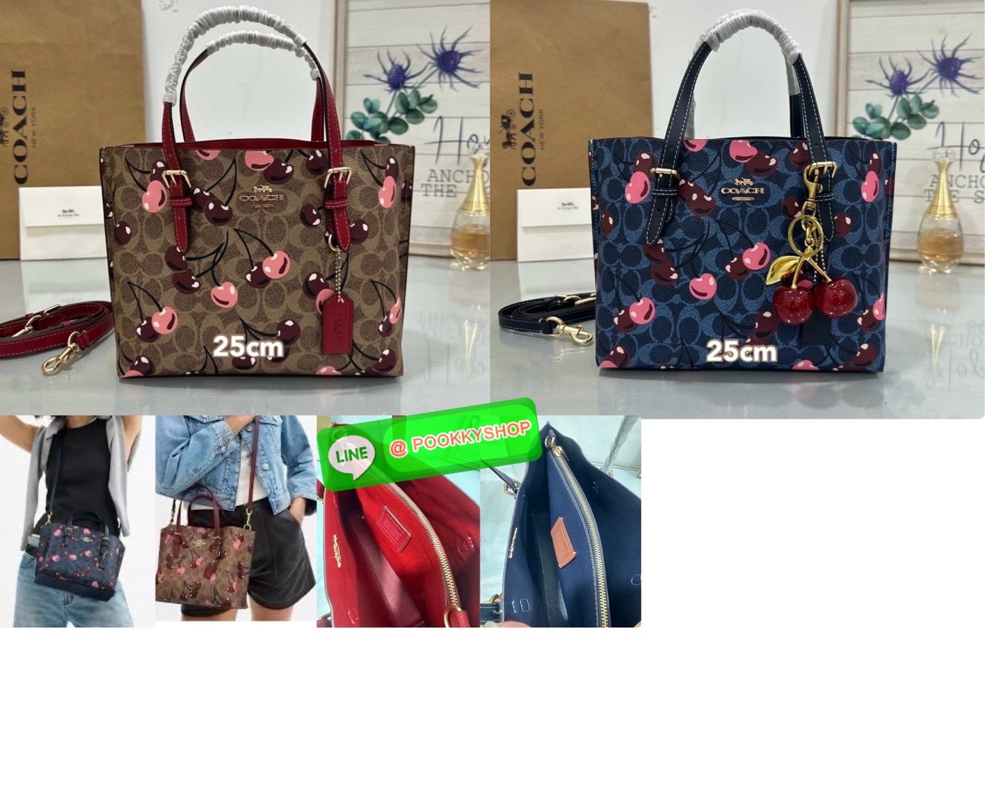 👜Coach CZ772 Mollie Tote Bag 25 In Signature Canvas With Cherry print 🍒 กระเป๋าทรง Tote ลายซิกเนเจอร์พิเศษ ดีไซน์น่ารักสุดคลาสิคมาพร้อมสายสะพายยาวและสายถือ หนังกับตัวกระเป๋าได้อย่างมีเอกลักษณ์ เหมาะสำหรับใส่ของใช้ประจำวัน พร้อมช่องซิปหลักก