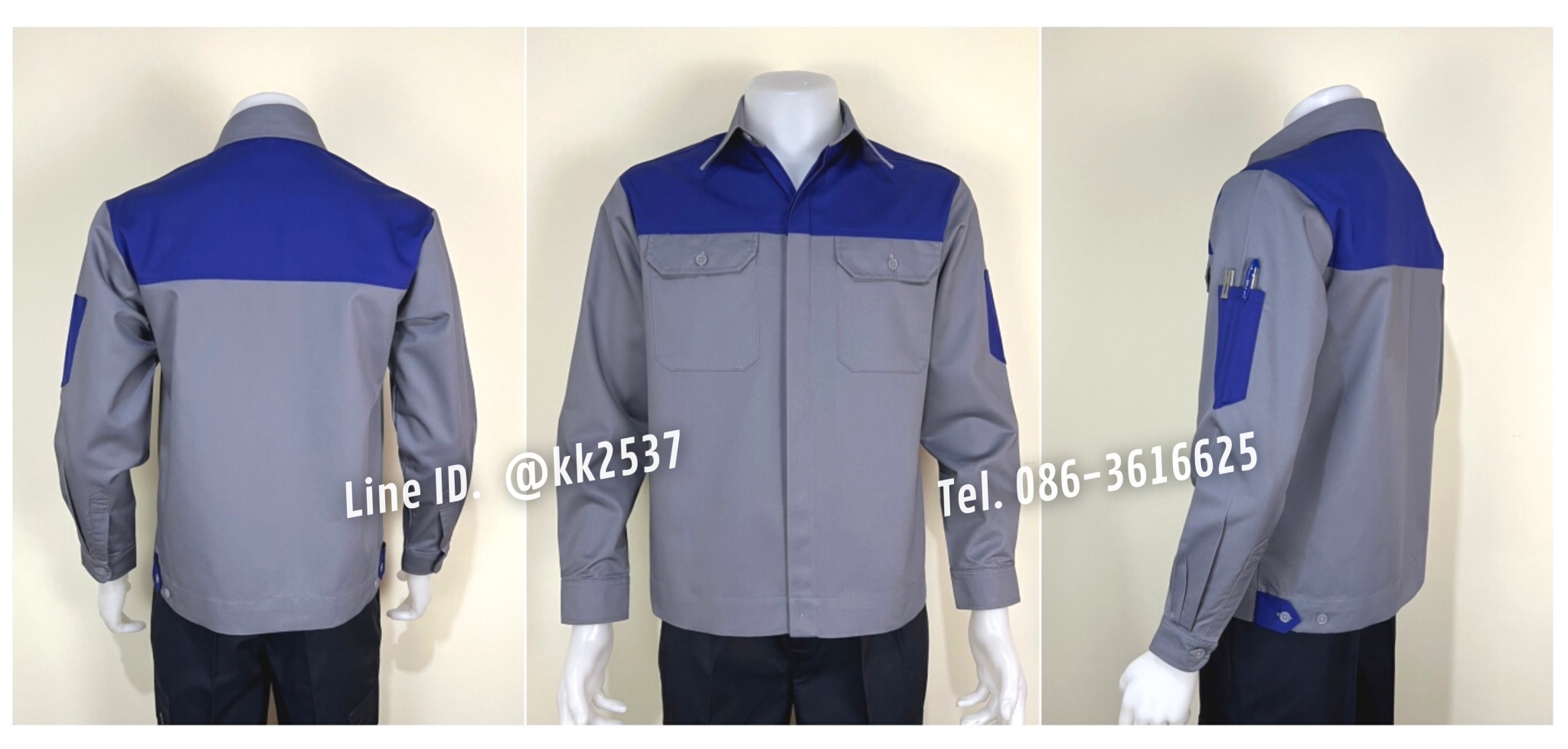 รหัส A 266 เสื้อช่างแขนยาวผ้าคอมทวิวสีเทาอกน้ำเงินกระดุมซ่อนสาบ(สั่งตัด)