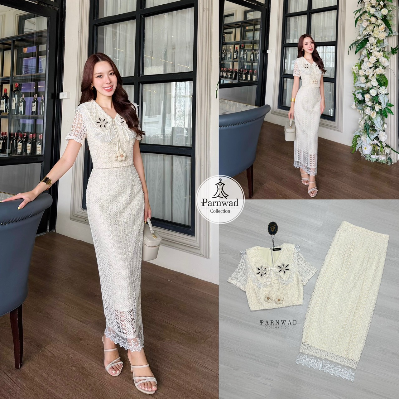 ชุดเซทแฟชั่น Set เสื้อคอปกแต่งคอด้วยดอกไม้ถักน่ารักๆ ผูกโบว์ลูกตุ้มดอกไม้ มาพร้อมกับกระโปรงยาวเอวสูง