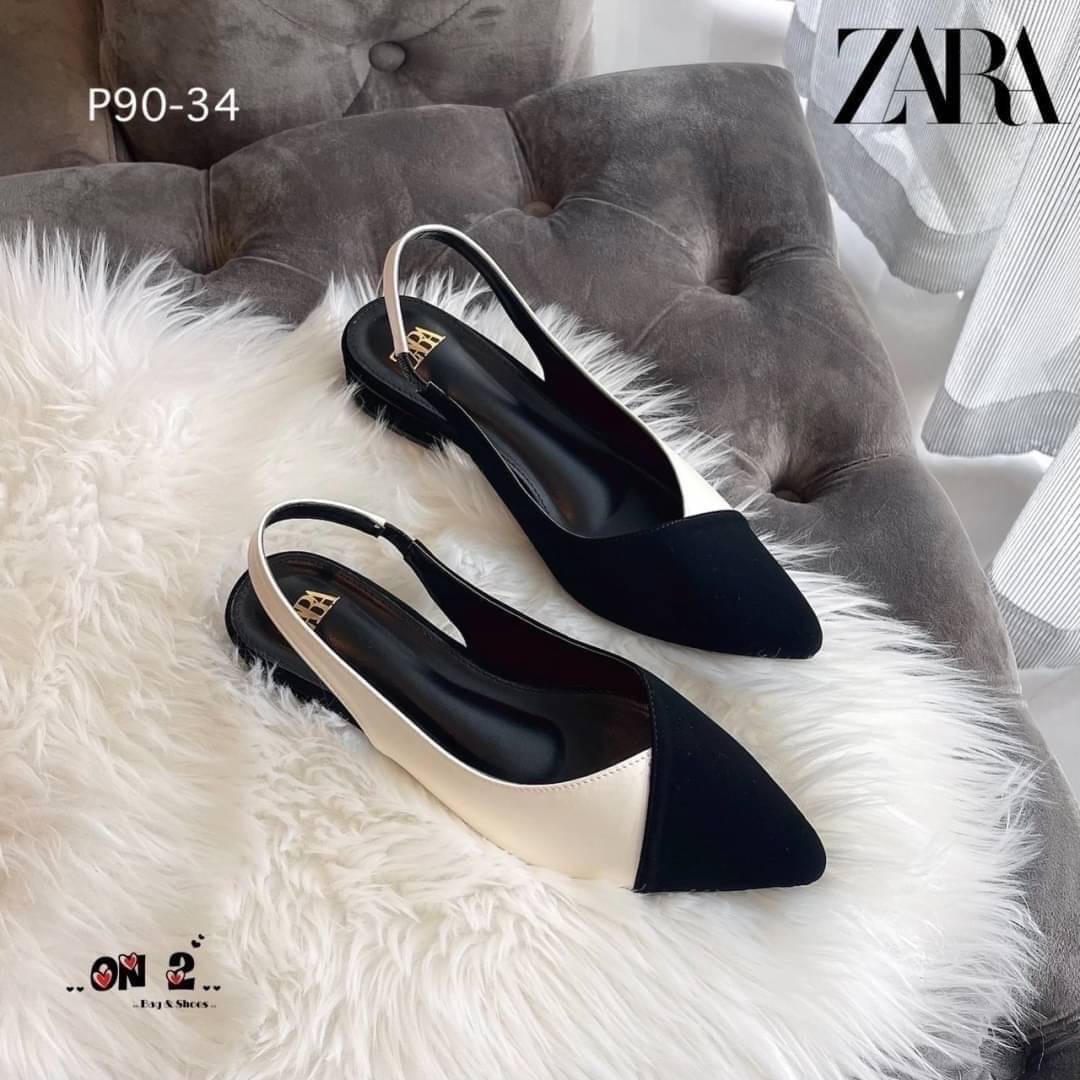 ZARA รองเท้าคัชชูหัวแหลมเปิดหลังสวมข้อเท้างานZARA ด้านหลังแบบยืดได้ สีสวยคลาสสิค ดำ-ขาว ดำ-ครีม ใส่แมทซ์กับชุดได้เยอะค่ะ