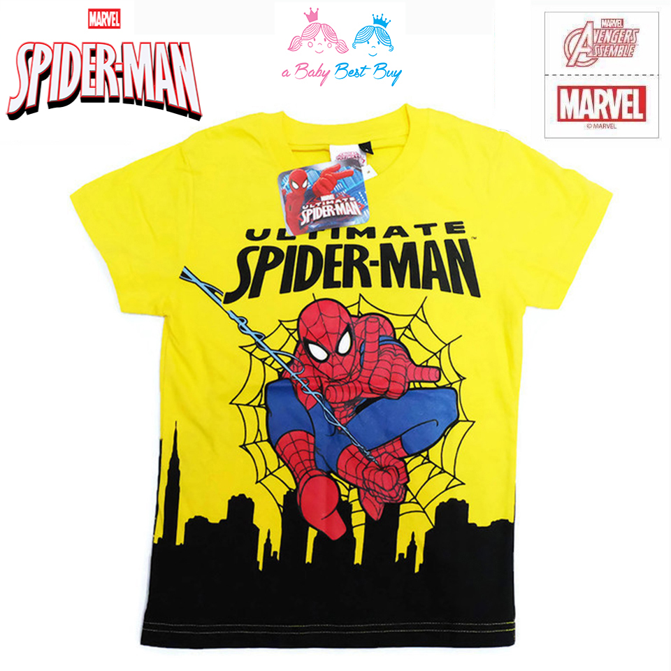 ฮ (ไซส์ 4) เสื้อยืดเด็กผู้ชาย แขนสั้น สีเหลือง สกรีนลาย Spiderman สุดเท่ห์ ใส่สบาย ลิขสิทธิ์แท้ (สำหรับเด็กอายุ 2-4 ปี)
