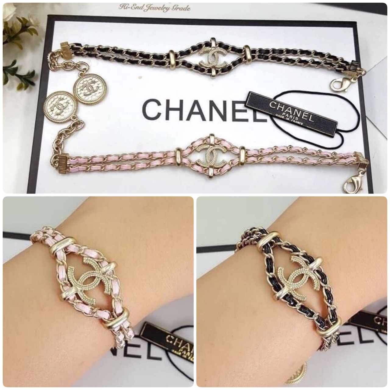 Super Hi-End Quality!!!! Chanel Bracelet สร้อยข้อมือหนังชาแนล งานสวยหวาน อะไหล่สีทองคลาสสิค ใส่ออกมาดูดีมีคลาสมว๊ากก สาวคนไหนพลาดร้องไห้หนักมากบอกเลย แสตมตะขอครบเป๊ะมากๆ รีบจัดเลยจ้า ตัวเรือนสีทองชุบ 18KGP ไม่ลอกไม่ดำ Made in Korea