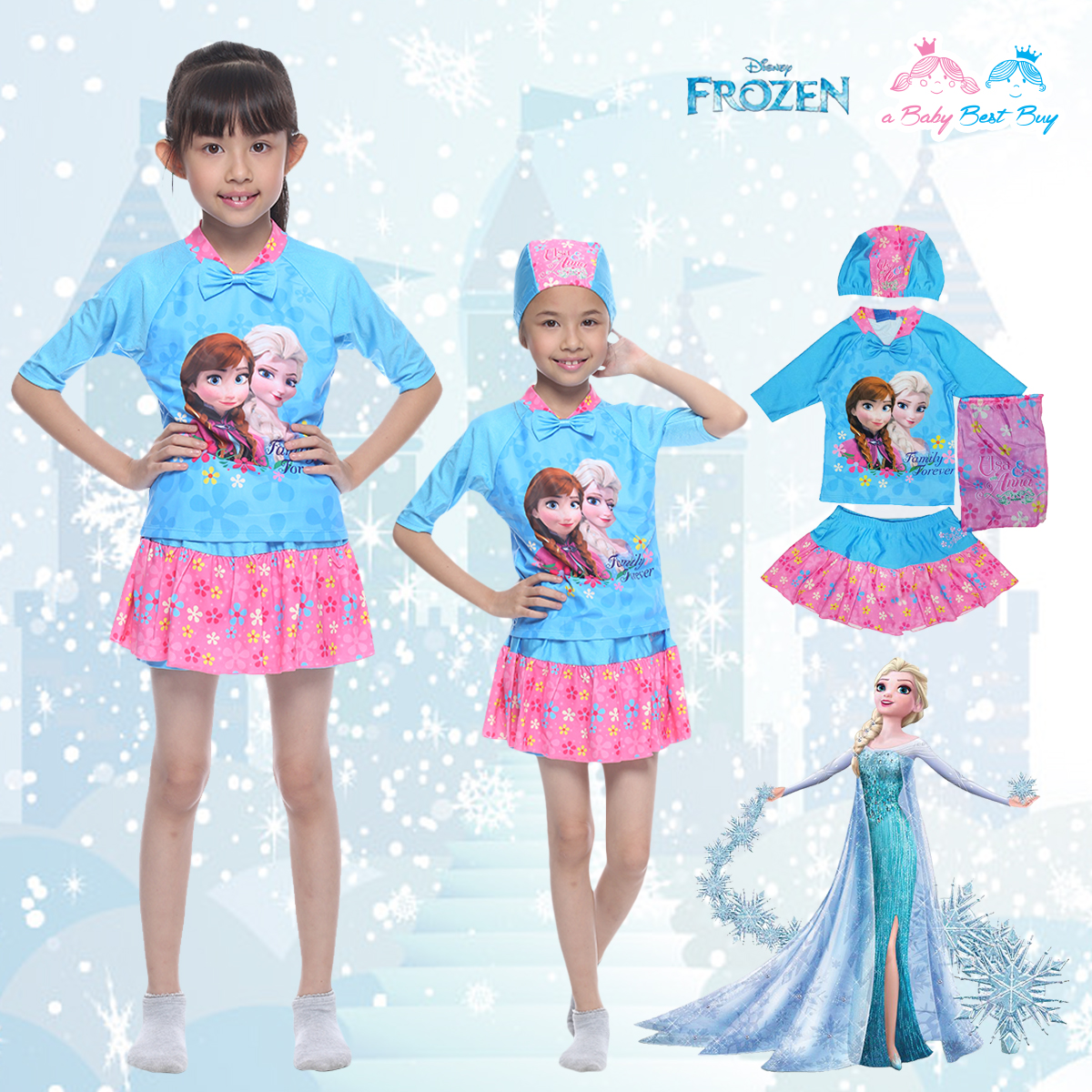 "( For Kids ) Swimsuit for Girls ชุดว่ายน้ำ Disney Frozen Elsa & Anna สีฟ้า เสื้อแขนสั้น กระโปรงสั้น ลายเจ้าหญิงอันนา เจ้าหญิงเอลซ่า ชุดว่ายน้ำเด็กผู้หญิง เจ้าหญิงดิสนีย์ ของแท้