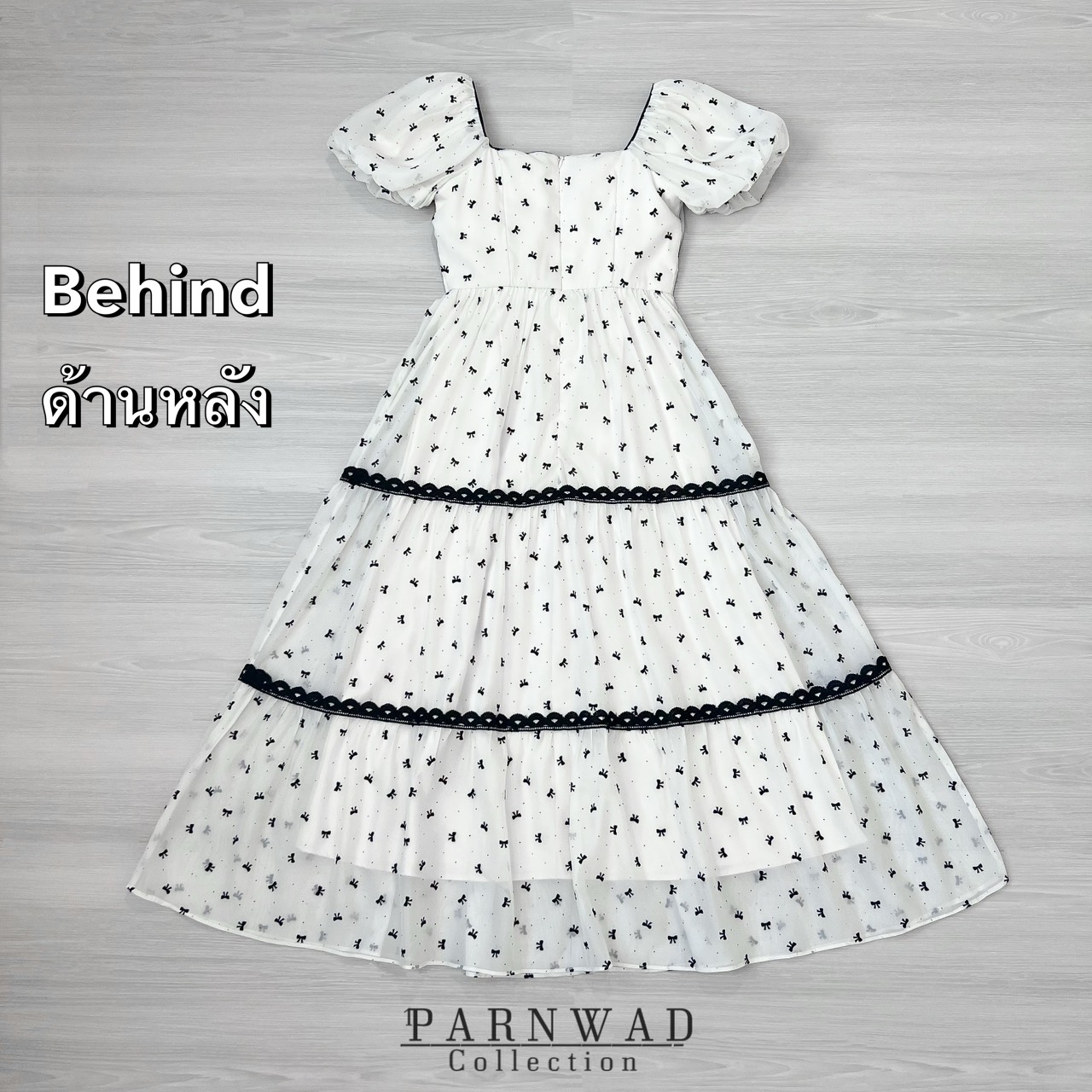 เดรสแฟชั่น Maxi dress คอเหลี่ยม แขนตุ๊กตาปักลายโบว์กำมะหยี่ทั้งชุด