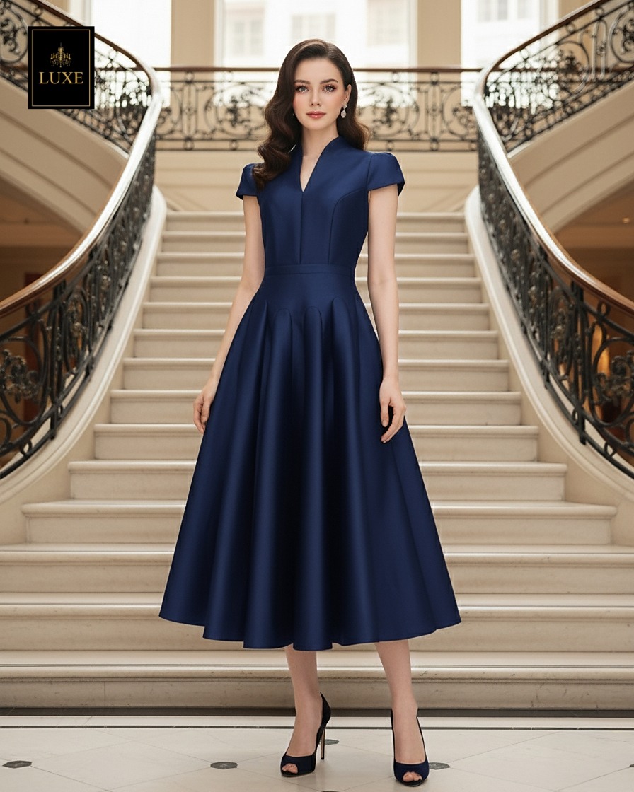 เดรสแฟชั่น เดรสเสื้อคอตั้ง แขนสั้น กระโปรงบาน