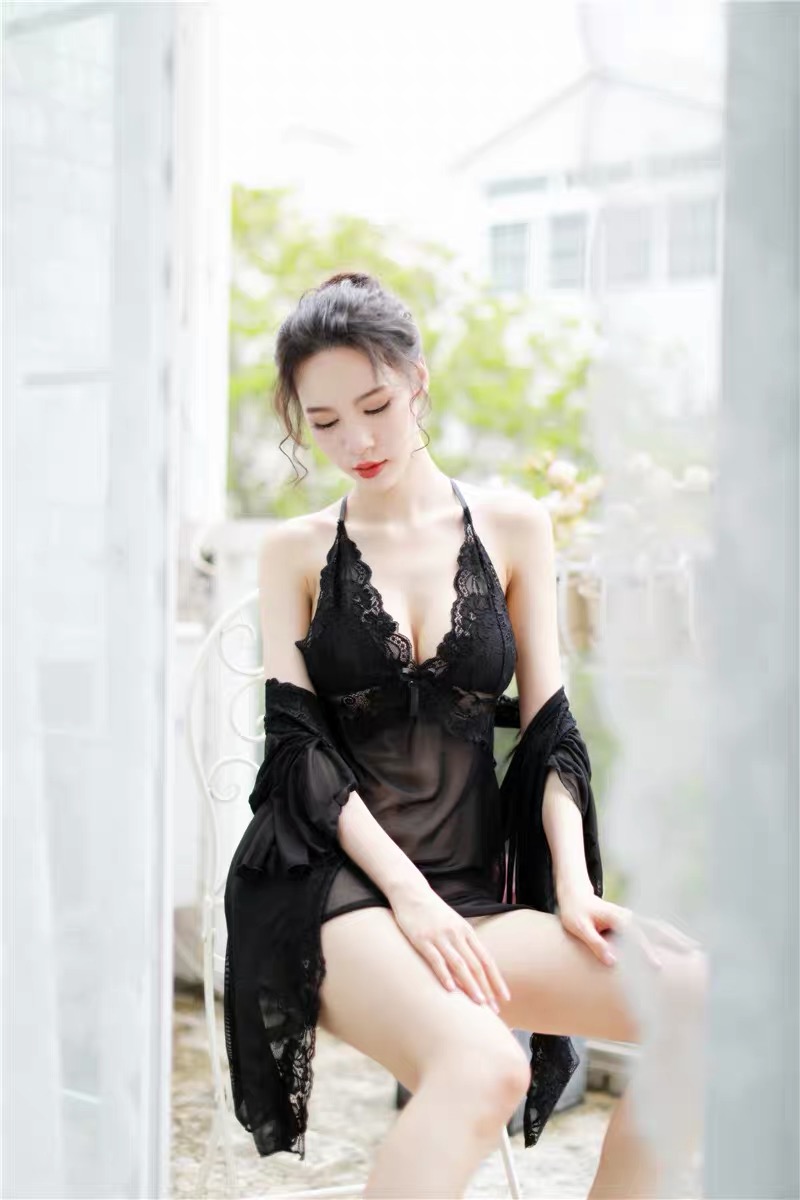 เซ็ทชุดคลุมนอน เซ็ดชุดนอน สายเดี่ยว+ชุดคลุมนอน ซีทรูสีนูทพีช แต่งลูกไม้ สวย หรู งาน เซ็กซี่มากๆคะ สำเนา