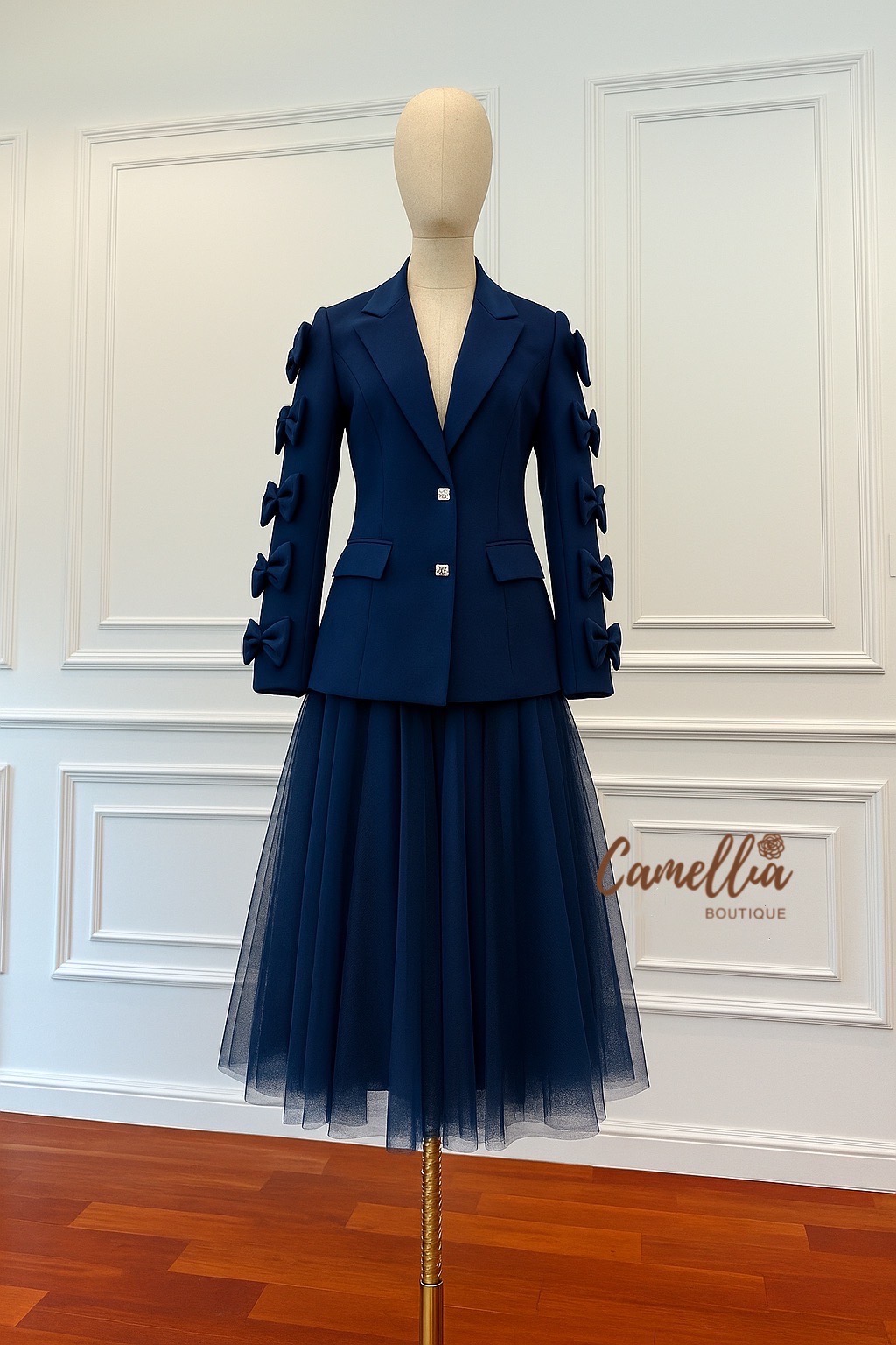 ชุดเซทแฟชั่น ชุดSet เสื้อBlazer แขนโบแต่งกระดุมเพชรด้านหน้า