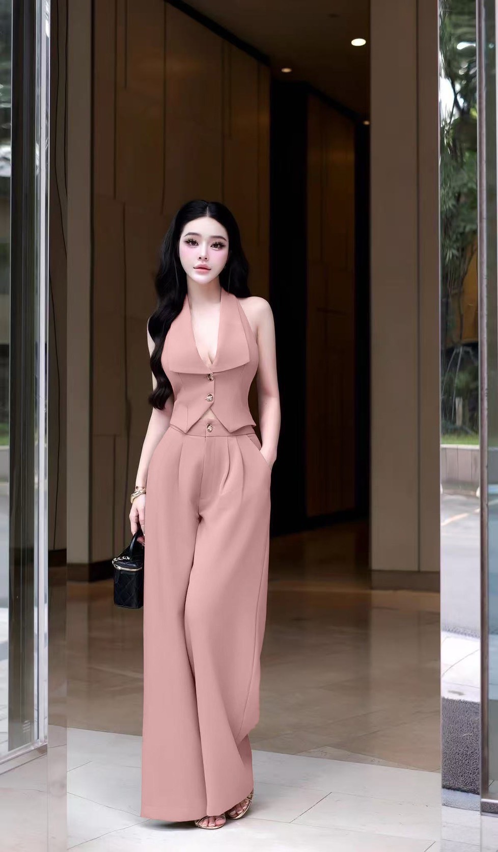 ชุดเซทแฟชั่น Set 2 ชิ้นสีนู๊ดทั้งชุด ตัวเสื้อคล้องคอ ทรงเข้ารูปมีกระดุมหน้า 2เม็ด