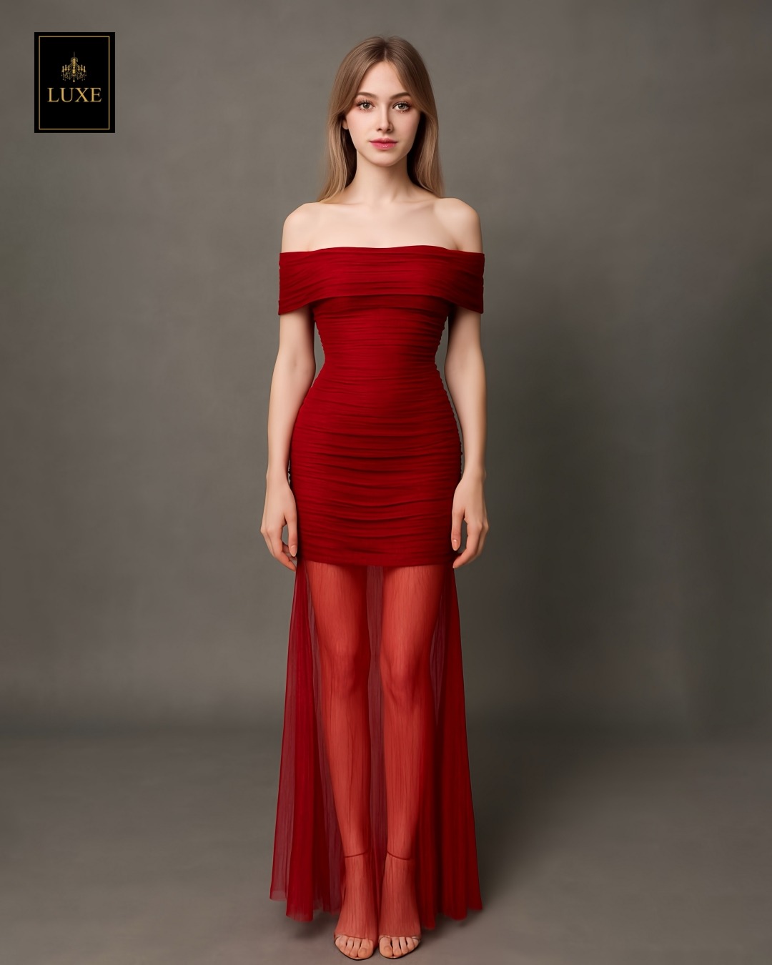 เดรสแฟชั่น แม็กซี่เดรสเปิดไหล่ กระโปรงยาว