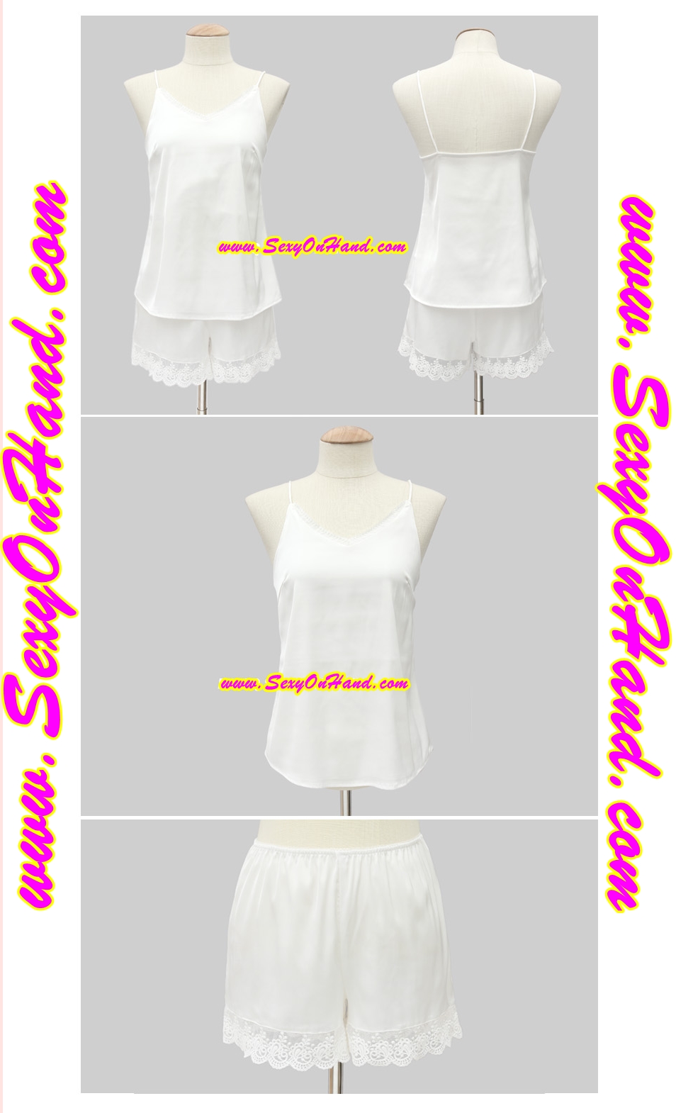 ชุดนอน คุณหนู ชุดนอนสายเดี่ยว ชุดนอน กางเกง ผ้าไหม สีขาว เนื้อผ้านุ่ม ลื่น ใส่สบาย ตัวเสื้อ แต่งชายเฉียง กางเกง แต่งชายด้วยลูกไม้ซีทรู สีขาวเข้ากับตัวชุด