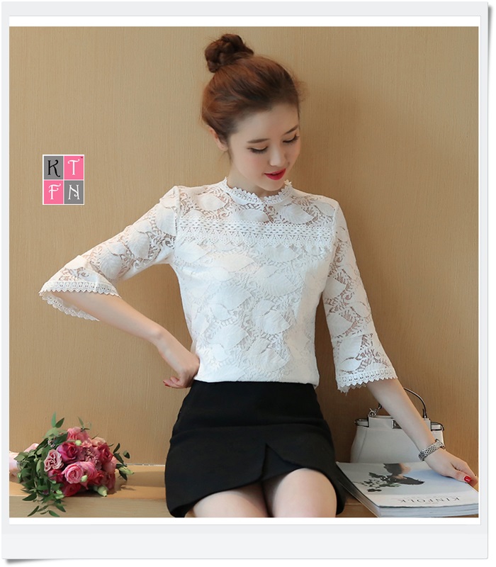 KTFN เสื้อแฟชั่นลูกไม้ ผ้านิ่ม แขนสี่ส่วนปลายแขนแตร สีขาว