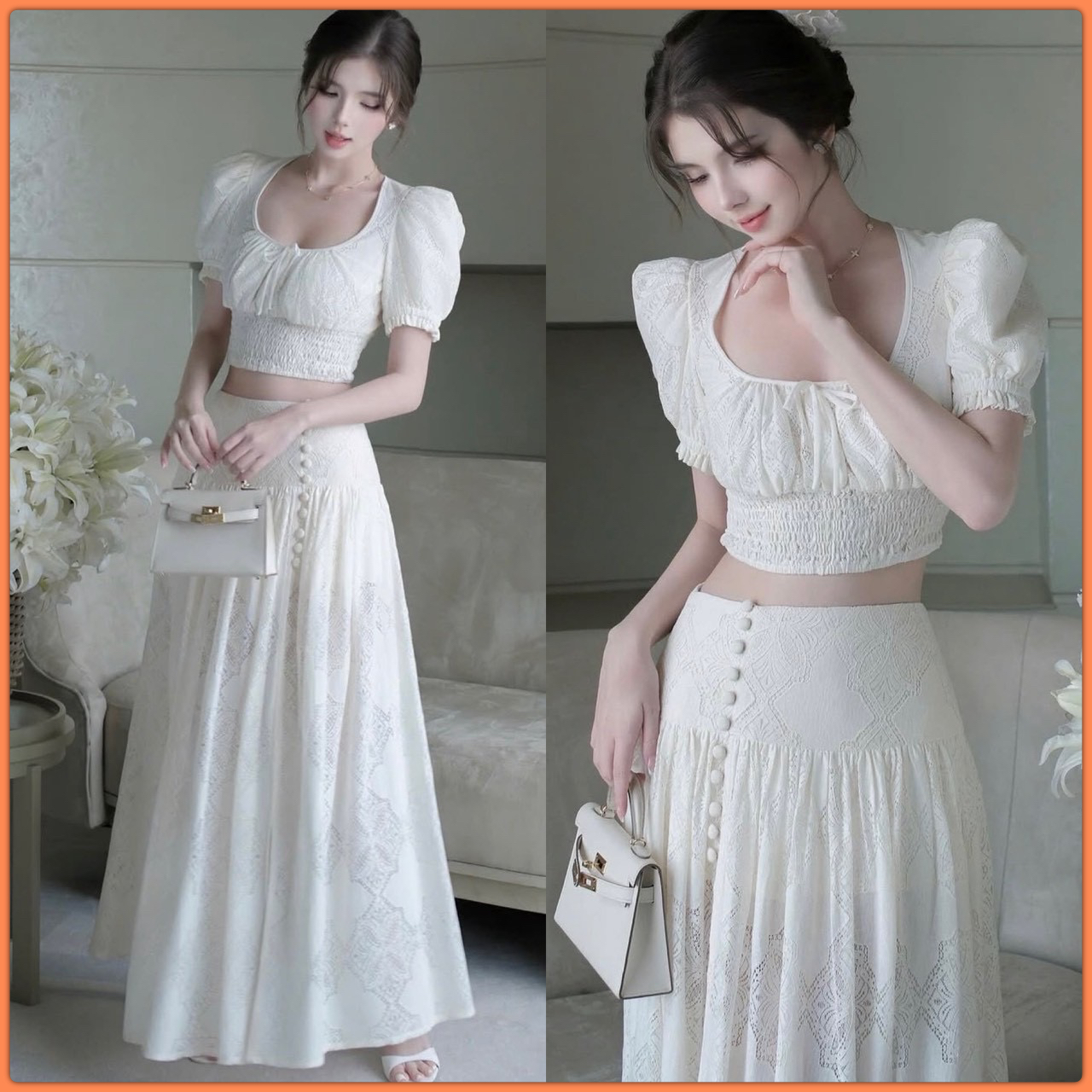 Set2ชิ้น ผ้าลูกไม้เนื้อนุ่ม ฉลุลาย สวย น่ารัก หวานซ่อนเปรี้ยว ดีเทลทรงเสื้อแขนตุ๊กตา ชายเสื้อมีสม็อคยืดได้ตามตัวค่ะ ความยาวเสื้อกำลังดีเอวไม่ลอยนะคะ มีซับใน มาพร้อมกับกระโปรงทรงเจ้าหญิง งานซิบหลัง ขอบเอวเรียบ มีซับในหนาอย่างดี ผ้าไม่บางนะคะ ใช้ผ้าลูกไม้ที