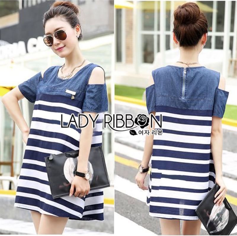 Lady Ribbon's Made Lady Rita Casual Style Cut-Out Denim เดรสผ้าเดนิมตัดต่อผ้าคอตตอนลายขวางสุดเก๋
