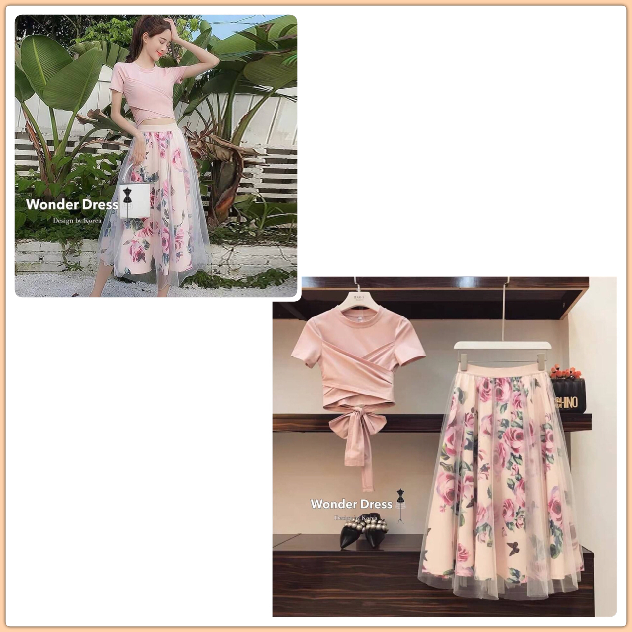 KOREA DESIGN BY WONDER DRESS เซทเสื้อกับกระโปรงงานน่ารักมากค่ะดีเทลเสื้อคอกลมสีชมพูเนื้อผ้าคอตตอนนิ่มๆสวมใส่สะบายแต่งดีเทลด้วยการแต่งไขว่ด้านหน้าไปผูกเป็นโบว์หลังจับคู่มากับกระโปรงลายดอกกุหลุบโทนสีชมพูครีมกระโปรงเป็นเอวยางยืดและเย็บทับด้วยผ้ามุ้งสีชมพู สว
