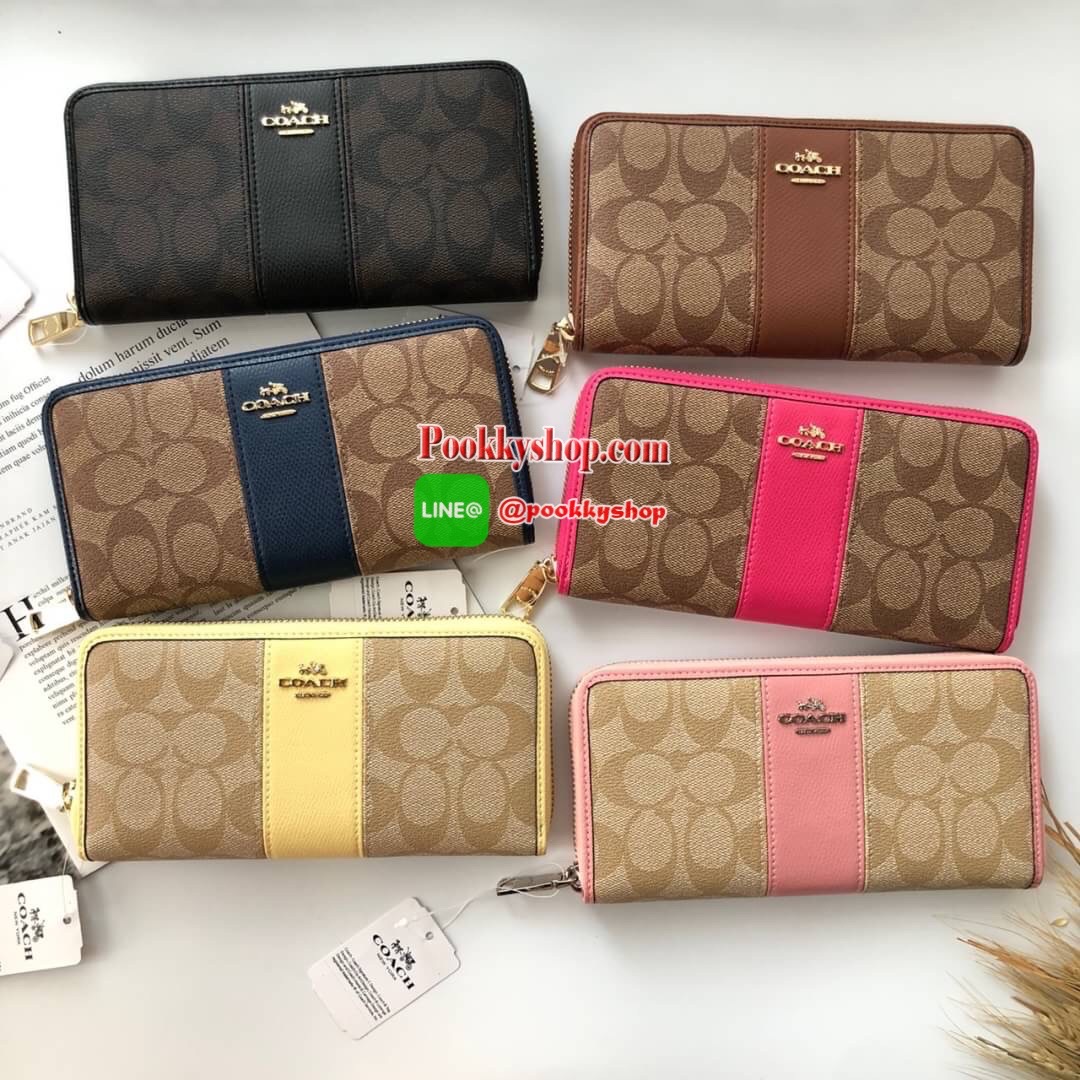 COACH Accordion Zip Wallet in Signature Coated Canvas with Leather กระเป๋าสตางค์ใบยาว เปิด-ปิดกระเป๋าด้วยซิปรอบ ด้านในมีช่องใส่บัตร ช่องใส่ธนบัตร และช่องซิปใส่เหรียญค่ะ