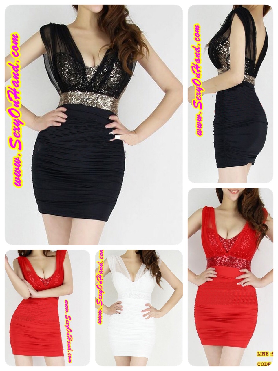 ชุด ปาร์ตี้ ชุดเที่ยว ชุดออกงาน เดรสสั้น คอวี แต่งเลื่อมทอง เกาะอกด้านใน เดรสเข้ารูป สีแดงด้านข้างเย็บสม็อคเพิ่มความเข้ารูป สวยเปรี้ยว เริ่ดมากคะ