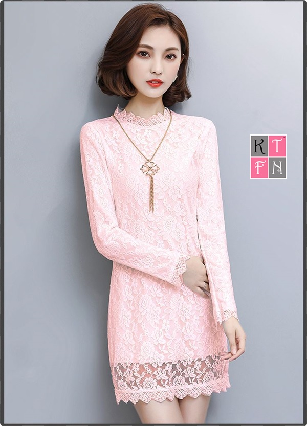 KTFN เดรสแฟชั่นลูกไม้ยืดหยุ่น มีซับใน เอวเข้ารูป สีชมพู