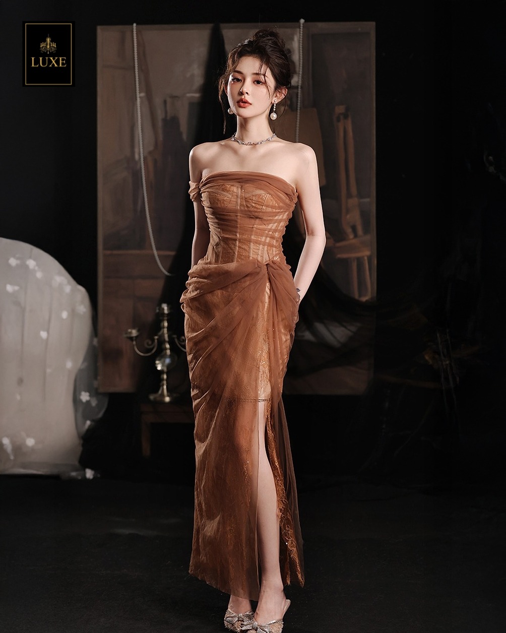 เดรสแฟชั่น เดรสเสื้อเกาะอก มีโครงแบบคอร์เซ็ต