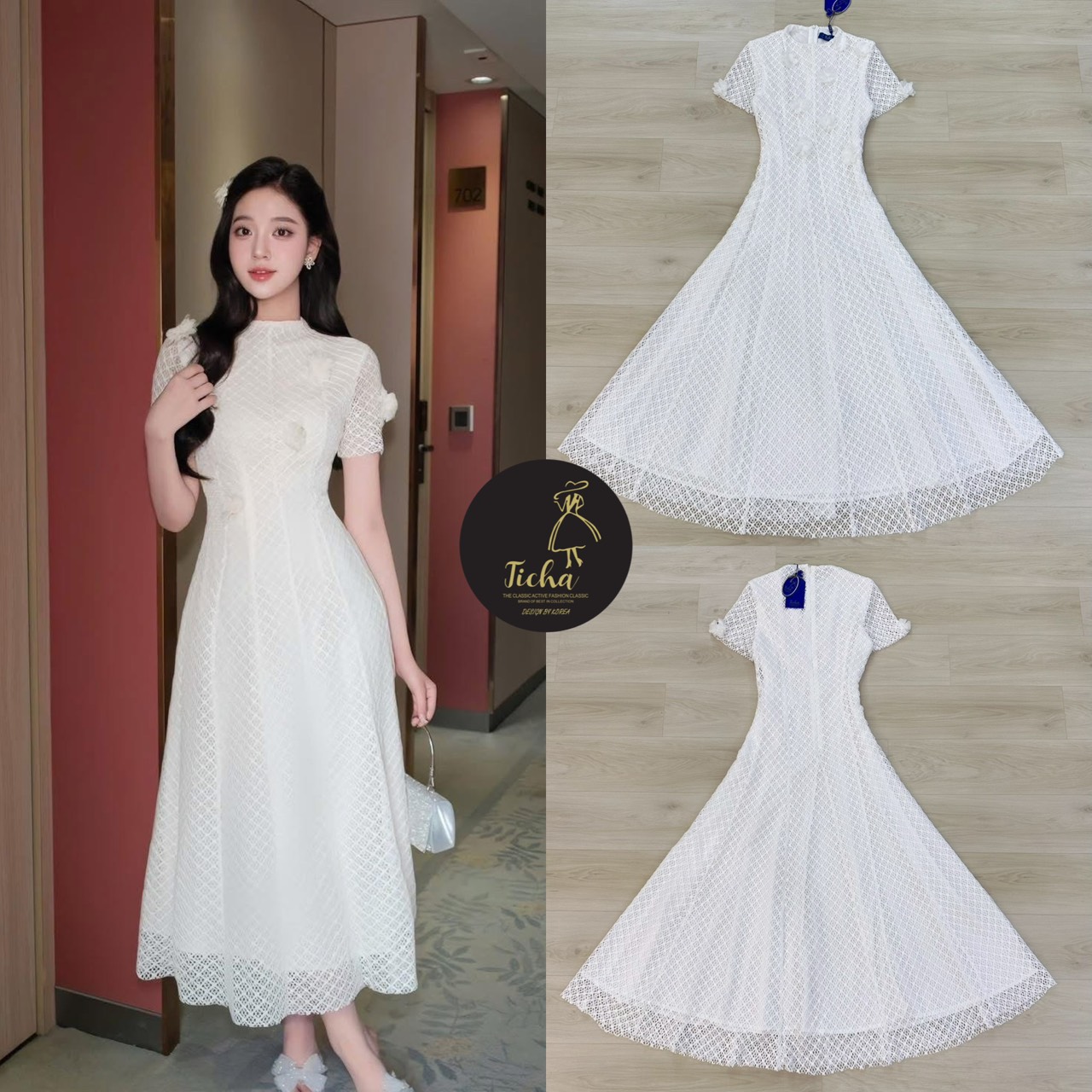 เดรสแฟชั่น Maxi เดรสแขนสั้น สีขาวคอปีน ดีเทลช่วงอกเย็บติดดอกไม้3Dทรงเข้ารูป