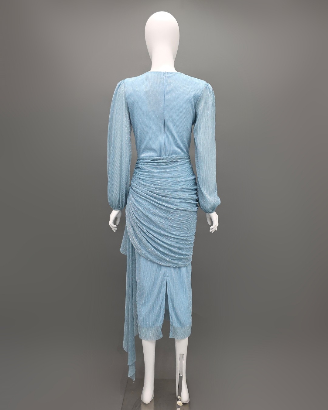 เดรสแฟชั่น เดรสเสื้อคอวีป้าย แขนยาว กระโปรงป้ายจับเดรป แต่งชายระบาย