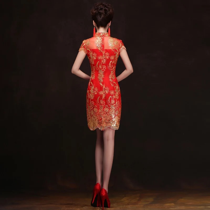 ชุดกี่เพ้า ประยุกต์ ชุดเดรส กี่เพ้าจีนประยุกต์สีแดง แต่งเลื่อมปักดิ้นทอง แพทเทินสวย งานเนี๊ยบหรู มากคะ Size S