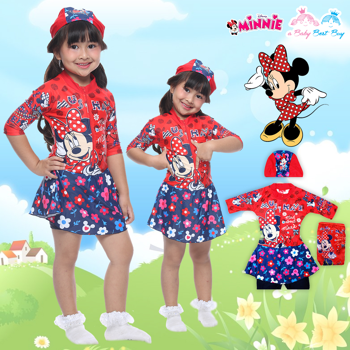 "( For Kids ) Swimsuit for Girls ชุดว่ายน้ำ เด็กผู้หญิง Disney Minnie Mouse บอดี้สูทเสื้อแขนยาว กระโปรงกางเกง มาพร้อมหมวกว่ายน้ำและถุงผ้า สุดน่ารัก ใส่สบาย ดิสนีย์แท้ ลิขสิทธิ์แท้