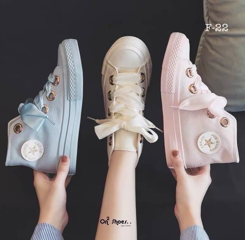 รองเท้าผ้าใบหุ้มข้อสไตล์แบรนด์ สายผูกโบว์ งานน่ารักเกาหลีมากกก มี 3 สี
