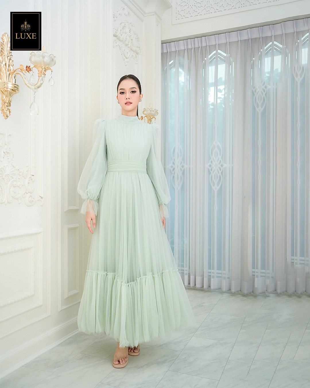 เดรสแฟชั่น แม็กซี่เดรสเสื้อคอปีนแขนยาว กระโปรงบานต่อชายรูดระบายรอบตัว