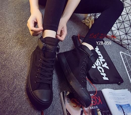 สินค้าพร้อมส่ง รองเท้าผ้าใบหุ้มข้อนำเข้า สไตล์เกาหลี วัสดุผ้าแคนวาส พื้นหนัง PU แถบรัดข้อแบบเมจิกเทป สวมใส่ง่าย คุณภาพดีคุ้มราคาจ้า