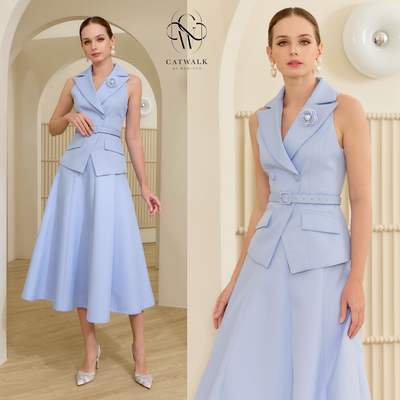 ชุดเซทแฟชั่น เซตสูทแขนกุดเข็มขัด+กระโปรงทรงย้วย เนื้อผ้าเกรดเอ ผ้าทอมีลายในตัว