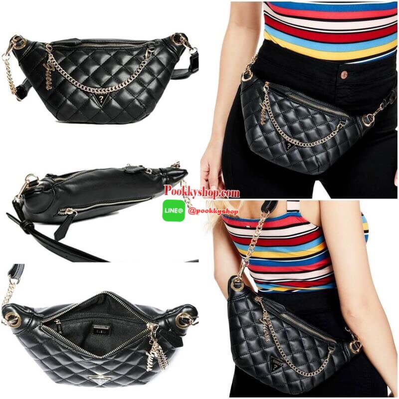 NEW ARRIVAL! Guess Kyli Fanny Pack Belt Bag 2019 กระเป๋าสะพาย/คาดเอว/คาดอกรุ่นใหม่ล่าสุดจาก GUESS FACTORY วัสดุหนังเเกะสังเคราะห์แบบนิ่มลายตารางเปิดปิดด้วยซิป ด้านหน้าประดับโซ่ห้อยโลโก้ดูมีดีเทล ด้านหลังมีช่องซิป ภายในมีโลโก้และช่องซิป สะพายได้หลายแบบไม่จ