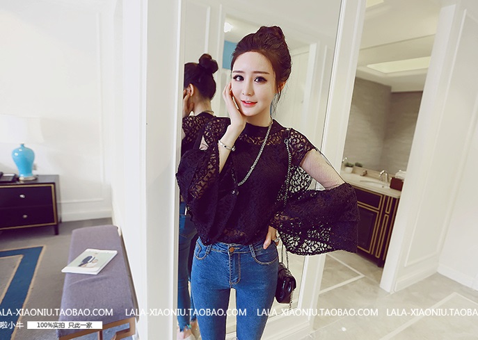เสื้อลูกไม้ซีทรู ตัดต่อแขนชายระบาย สีดำ +ฟรีเสื้อซับใน มีภาพงานขายจริง*