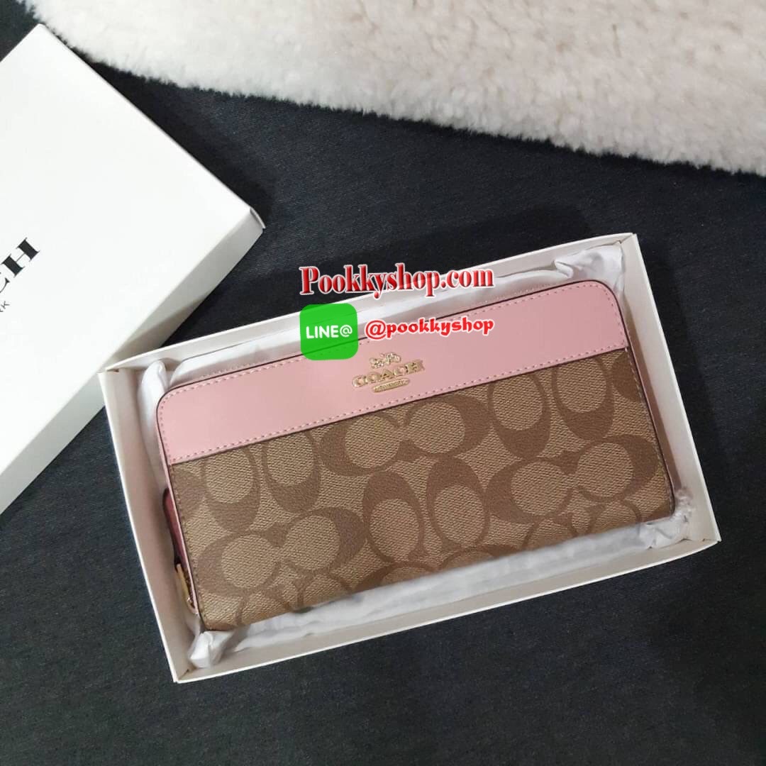 COACH F76873 ACCORDION ZIP WALLET IN SIGNATURE CANVAS กระเป๋าสตางค์รุ่นคลาสสิค ซิกเนเจอร์ของแบรนด์ วัสดุหนังแคนวาสเคลือบ เปิด-ปิดด้วยซิปรอบ ใส่บัตรได้ มีช่องซิปใส่เหรียญ ใส่มือถือได้ พกใบนี้ใบเดียวเอาอยู่แล้วจ้า 💕