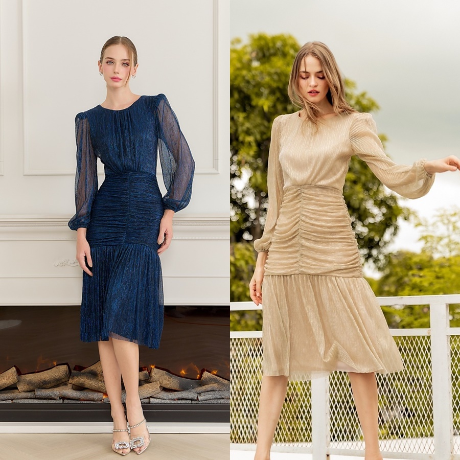 เดรสแฟชั่น เดรสเสื้อคอกลมแขนยาว กระโปรงทรงเข้ารูปจับเดรปตรงกลาง ต่อชายระบาย