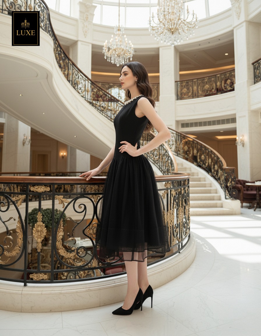 เดรสแฟชั่น เดรสเสื้อคอกลมแขนกุด กระโปรงบาน แต่งลูกปัดมุกรอบคอเสื้อ