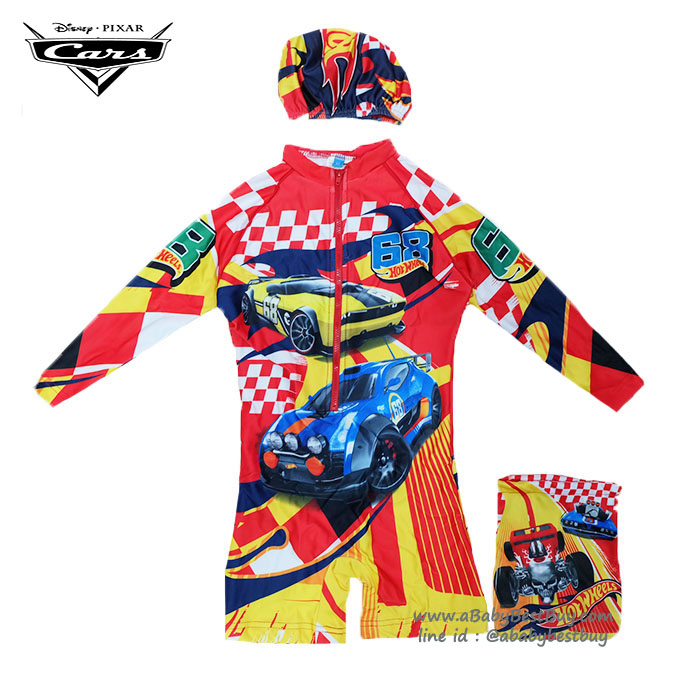 (สำหรับเด็กอายุ 6เดือน-14 ปี) ชุดว่ายน้ำ เด็กผู้ชาย Disney cars ชุดบอดี้สูทเสื้อแขนยาวกางเกงขาสั้นซิบหน้า สกรีนลาย cars มาพร้อมหมวกว่ายน้ำและถุงผ้า สุดเท่ห์ ใส่สบาย ดิสนีย์แท้ ลิขสิทธิ์แท้