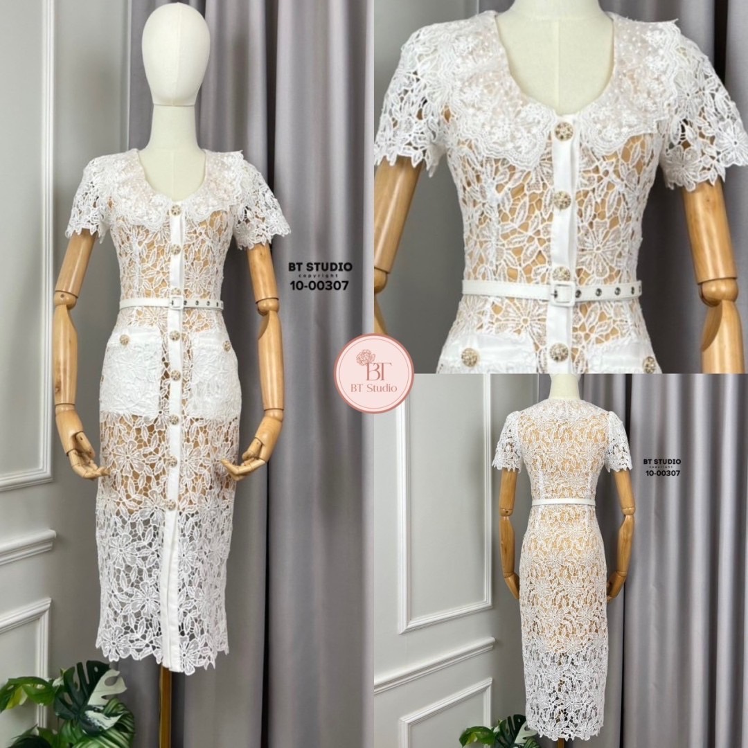 เดรสแฟชั่น เดรสลูกไม้คอแต่งปกระบายแต่งขอบปลายหยัก