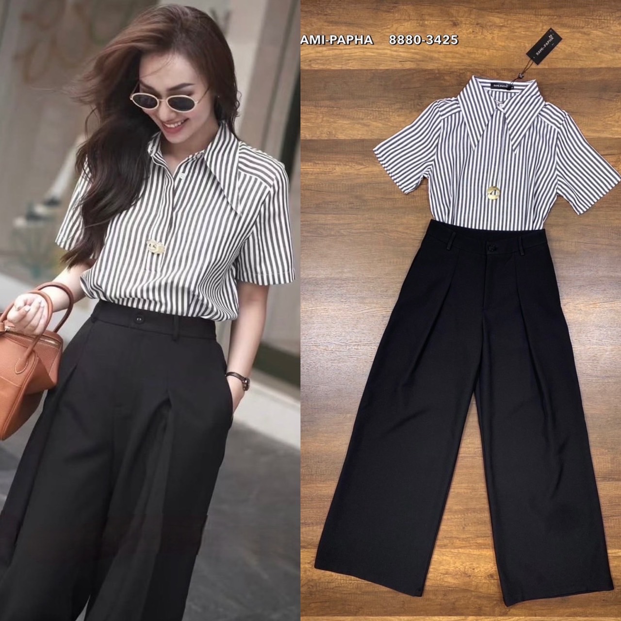ชุดเซทแฟชั่น เสื้อเชิ้ตแขนสั้นคอปกเก๋ๆ ลายริ้วทางตรงสีสวยคลาสสิค ดีเทลสวยเก๋ กระดุมอกซ่อน