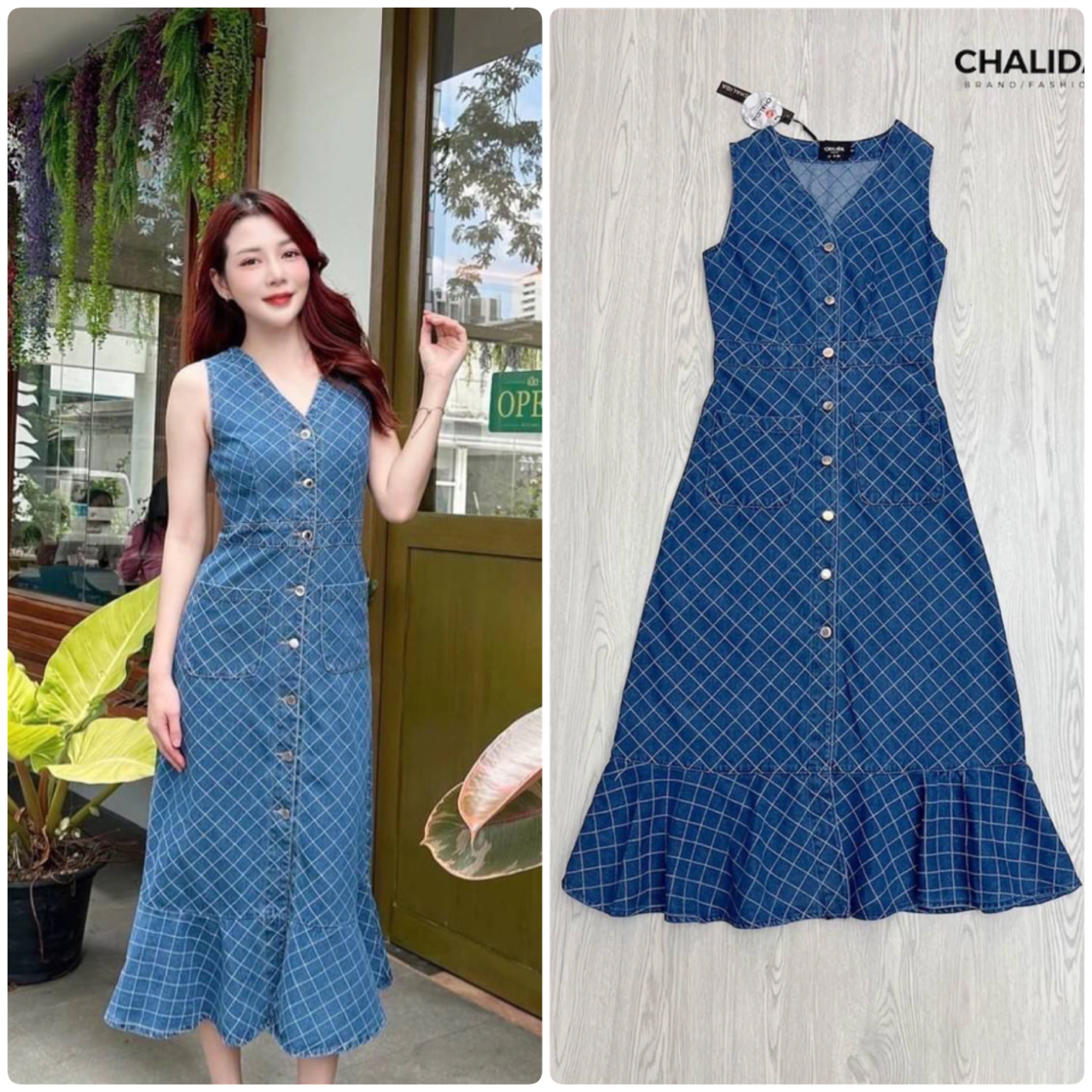 ❤️งานรีพีท รอบ 3♥️ Detail : maxi เดรสผ้ายีนส์ลายตาราง ปลายระบายเป็นแพทเทิ่นกระดุมเรียง มีกระเป๋า ผ้าหนา ใส่ออกมาเก็บทรงค่า น่าร้ากกก