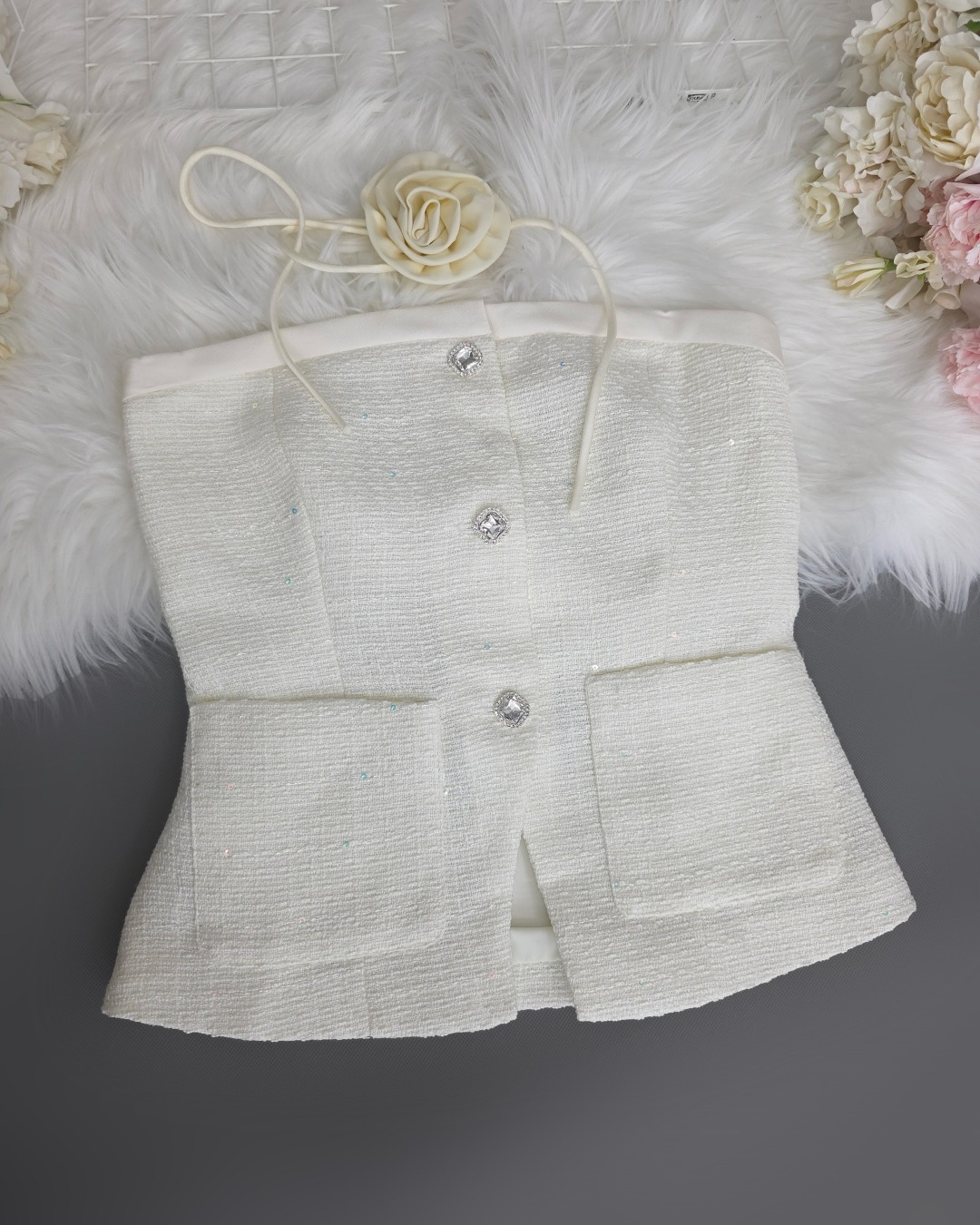 ชุดเซทแฟชั่น เซ็ตเสื้อเกาะอกทรงหลวม+กางเกงเอวสูงขากระบอกกว้าง