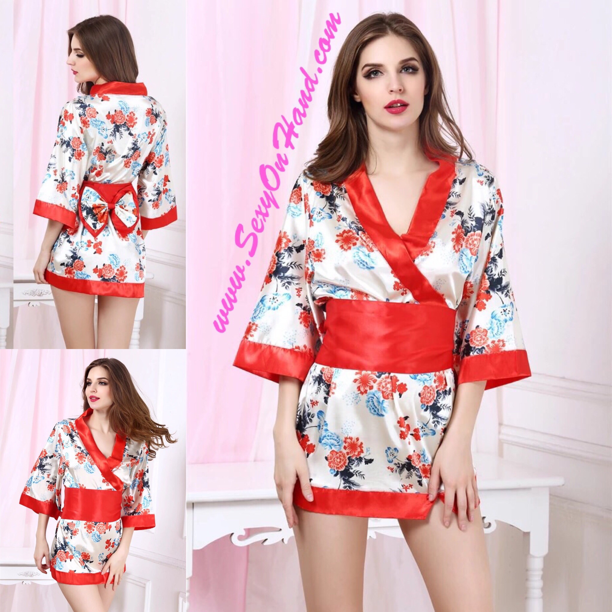 ชุดกิโมโน ยูกาตะ พื้นขาวแต่งลายดอกสีแดง พร้อมสายคาดและโบว์ในตัว+G-string เข้าชุด