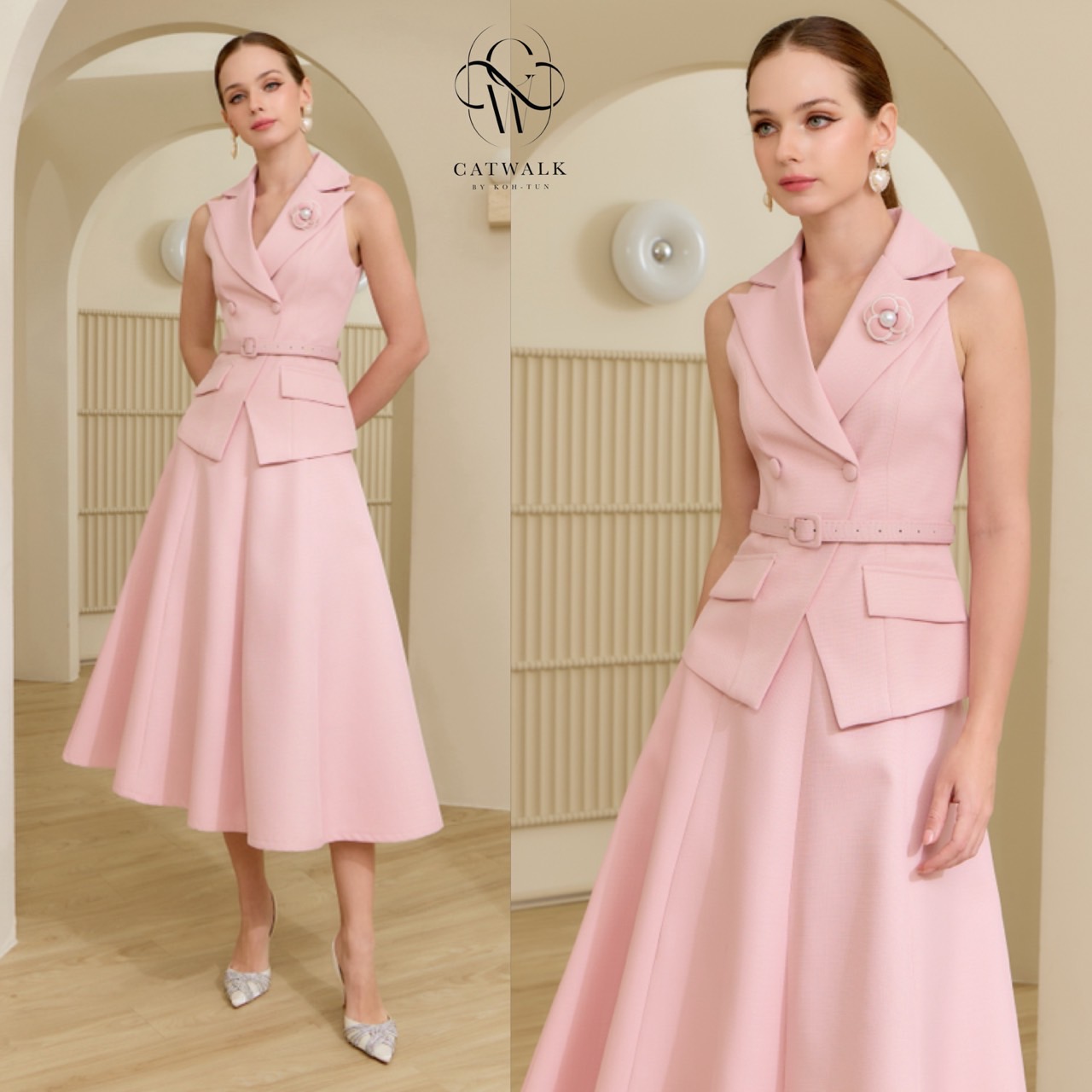 ชุดเซทแฟชั่น เซตสูทแขนกุดเข็มขัด+กระโปรงทรงย้วย เนื้อผ้าเกรดเอ ผ้าทอมีลายในตัว